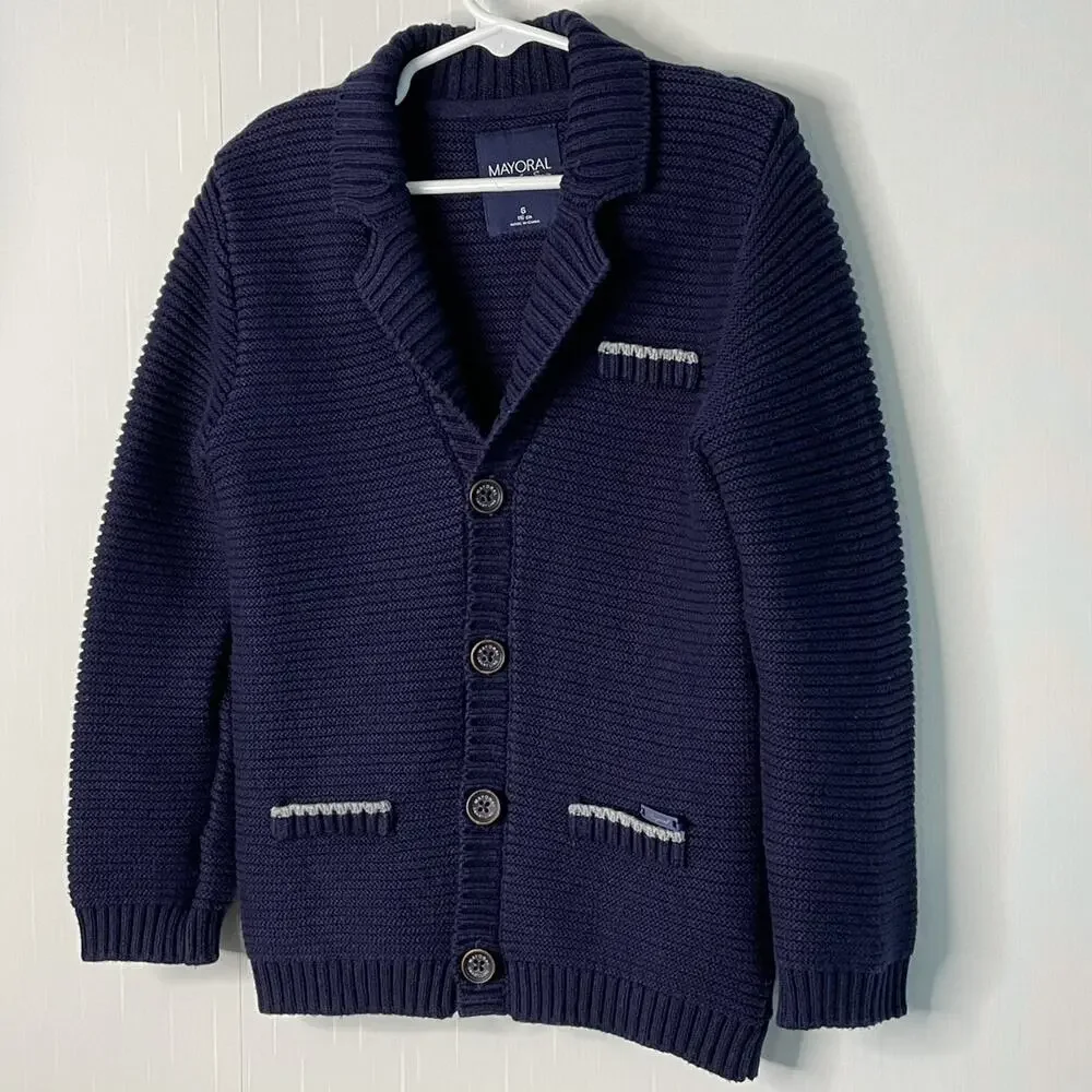 Mayoral Navy Boys Grandpa Shawl Collar Ribbed Button Cardigan Sweater Size 6